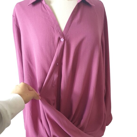 Zac & Rachel Woman Blouse 2X Rose Draped Front Button-Up Long Sleeve Chic Luxe - Picture 3 of 7